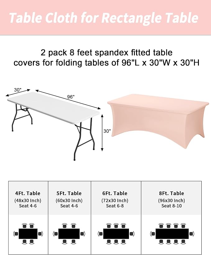Fixwal Pink Tablecloths for 8 Foot Rectangle Tables, 2 Pack Spandex Stretch Fitted Table Covers for Party, Trade Show, Banquet, Wedding, Buffet
