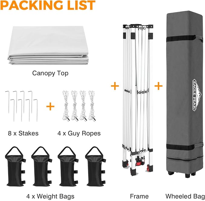 EAGLE PEAK Pop Up Canopy Tent with Wheeled Carry Bag, 8 Stakes, 4 Ropes, 4 Weight Bags, Easy Set Up Tent Canopy, 10x10 ft, 100sqft of Shade, White