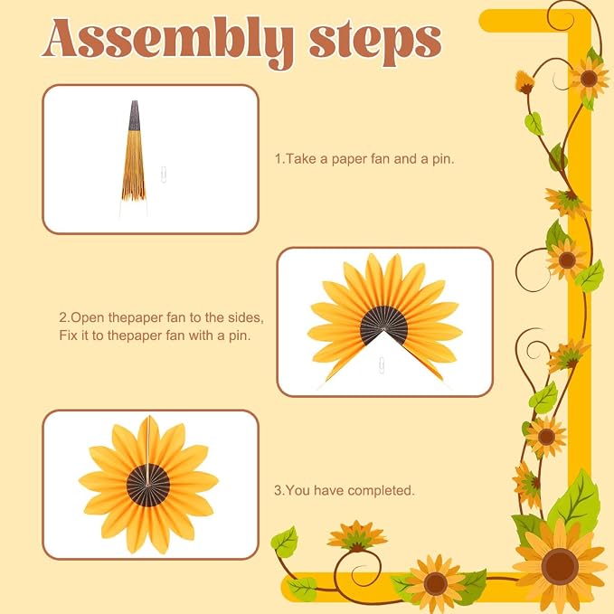 DODOKIM Sunflower Birthday Decorations Paper Flowers Decorations for Wall Floral Backdrop Classroom Baby Shower Paper Fans Flower Wall Decor Pack of 9 Sunflower Yellow Ivory