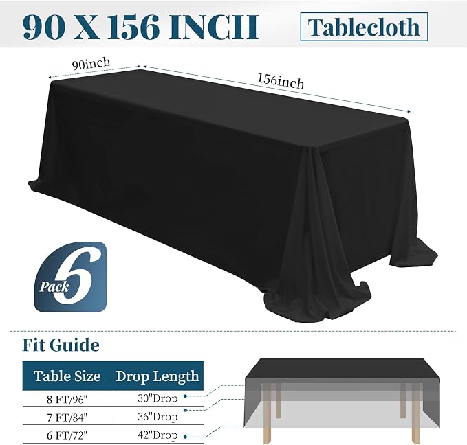 6 Packs Tablecloth 90 x 156 Inch, Black Polyester Table Cloth for 8ft Rectangle Tables, Stain and Wrinkle Resistant Washable Fabric Table Cover for Wedding Banquets Parties Buffet Dining Table