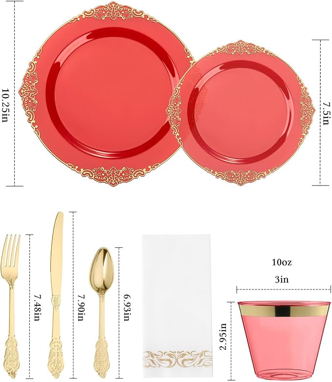 Bestluck 350PCS Clear Red Plastic Plates for 50 Guests, Disposable Plates with Gold Trim include 50 Dinner Plates, 50 Dessert Plates, 150 Gold Silverware, 50 Cups, 50 Napkins for Party