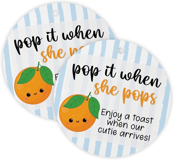 Little Cuties Pop It When She Pops Hang Tag 30pk 2.5” Circles Labels Baby Shower Summer Oranges Champagne Favors Tags