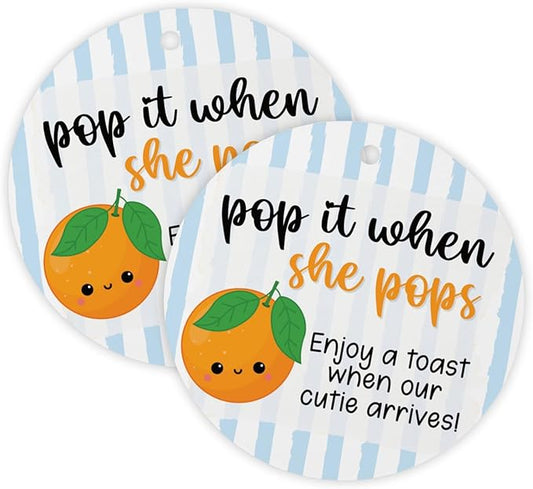 Little Cuties Pop It When She Pops Hang Tag 30pk 2.5” Circles Labels Baby Shower Summer Oranges Champagne Favors Tags