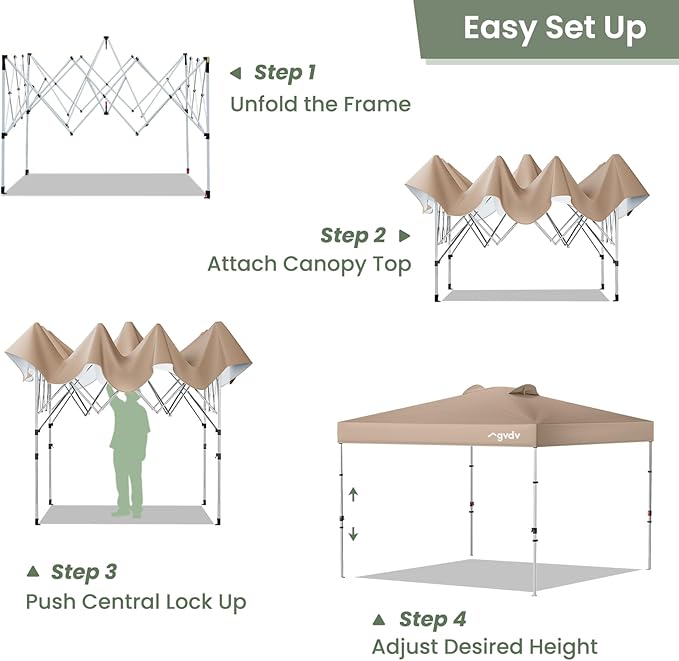 GVDV 10x10 Pop Up Canopy Tent with 4 Sidewalls, Beach Tent with One Push Setup, Outdoor Sun Shade for Events, Parties, Camping - Gazebo with Wheelbag, Khaki, CP23 B