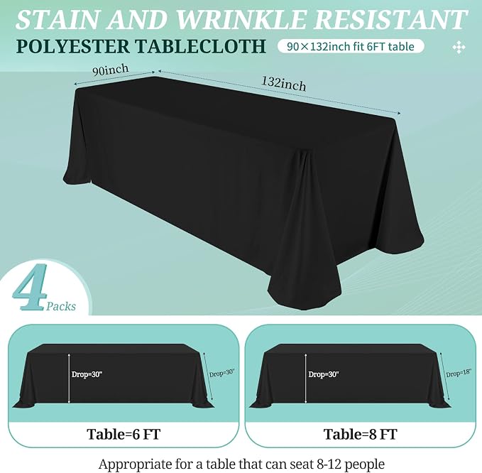 4 Pack Black Tablecloths for 8ft Rectangle Tables 90 x 132 Inch - Polyester Table Cover Stain and Wrinkle Resistant Washable Fabric Table Clothes for Wedding Party Banquet Reception Restaurant