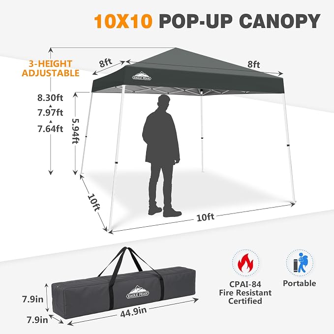 EAGLE PEAK 10x10 Slant Leg Pop-up Canopy Tent Easy One Person Setup Instant Outdoor Beach Canopy Folding Portable Sports Shelter 10x10 Base 8x8 Top (Gray)