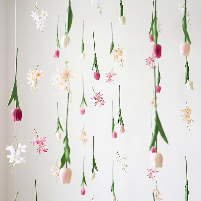 6 Pcs 35.4ft Artificial Tulips Hanging Flower Garlands with Hooks, Spring Faux Tulip and Wildflower Ceiling Vines, Mixed Colors Floral Backdrop for Wedding Party Home Wall Arch Decor