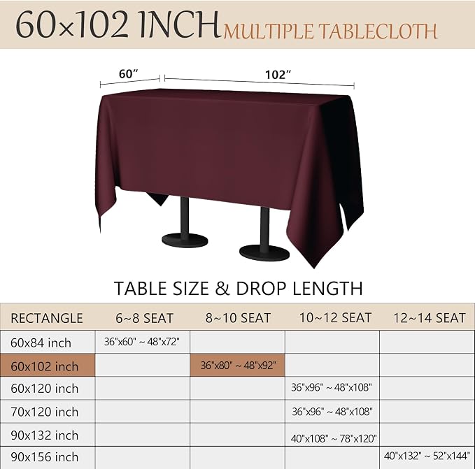 60x102 Table Cloth - 2 Pack Rectangular Black Washable Stain and Wrinkle Resistant Polyester Table Cover for Dining Tables, Various Parties and Camping (Burgundy)