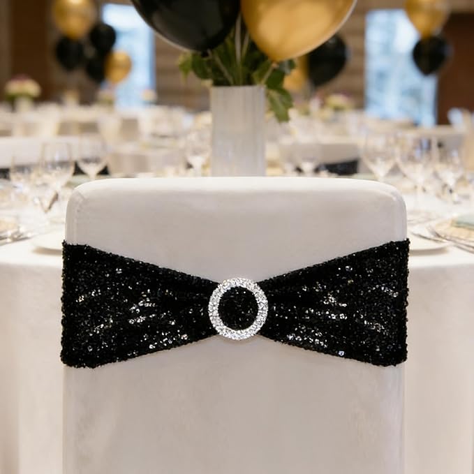 SquarePie Pack of 10 Sequin Chair Sashes Bands Glitter Black Double-Sided Sequins Stretch Chair Cover Bows with Buckle Slider for Wedding Party Fiesta Banquet Decor