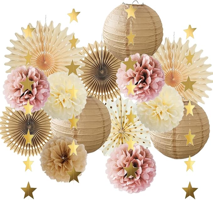 Pink Champagne Party Decorations Dusty Rose Champagne Gold Beige Boho Party Decorations Neutral Cream Pom Poms Paper Lanterns for Rustic Pink and Brown Birthday Baby Shower Wedding Engagement
