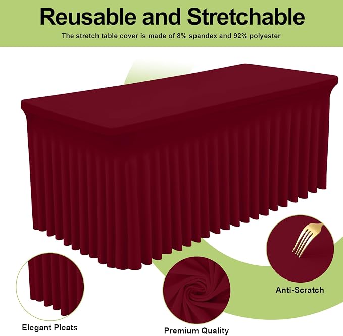 Smiry Spandex Tablecloth 2 Pack, Elastic Fitted Stretch Tablecloth for 6FT Rectangle Tables, Waterproof Washable Table Cover Skirt for Outdoor, Wedding, Banquet & Parties (Wine Red, 72Lx30Wx30H Inch)