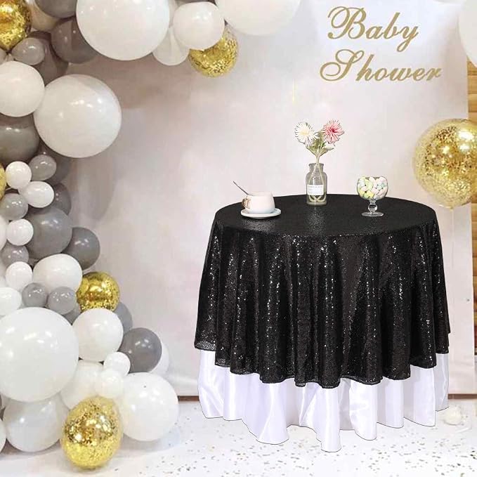 Juya Delight 50-Inch Round Black Sequin Tablecloth for Wedding Birthday Party Festival Ceremony Dessert Table