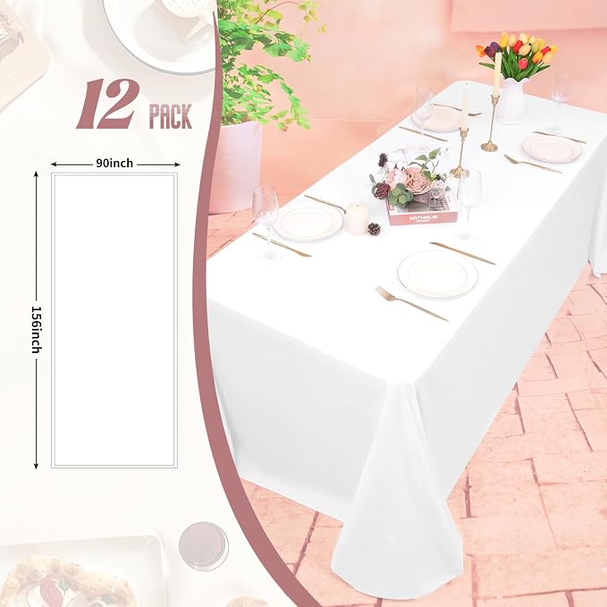 12 Pack White Tablecloth 90x156 Inch Rectangular Table Cover | Wrinkle Resistant, Machine Washable Reusable, Wedding, Banquet, Restaurant, Party, Baby Shower,Indoor Outdoor Events