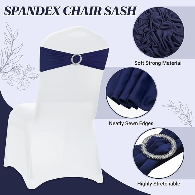 VDS - Navy Blue | Spandex Chair Sashes Bows | 25 PCS | Stretch Elastic Banquet Universal Folding Chair Band Tie with Silver Buckle Slider for Wedding Party Conference Celebration Event Decoration