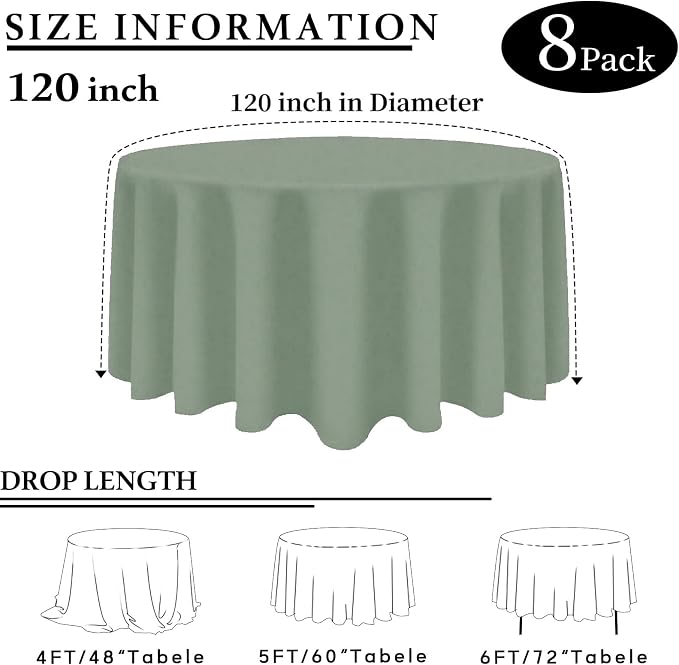 8 Packs 120 Inch Sage Green Round Tablecloth in Diameter, Washable Polyester Fabric Tablecloths, Wrinkle Resistant Table Cloth for Wedding Party Banquet Dining