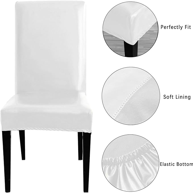 Qubjus Dining Chair Covers, Solid Pu Leather Waterproof Oilproof Dining Chair Protector Cover Slipcover (White, 6 Pack)