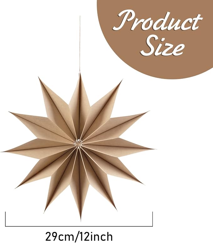 SUNBEAUTY 3 Pcs 12-Pointed Brown Paper Star Lanterns 12 Inch Christmas Hanging Lamp Rustic Paper Decorations Shade Wedding Birthday Christmas Home Party Decorations