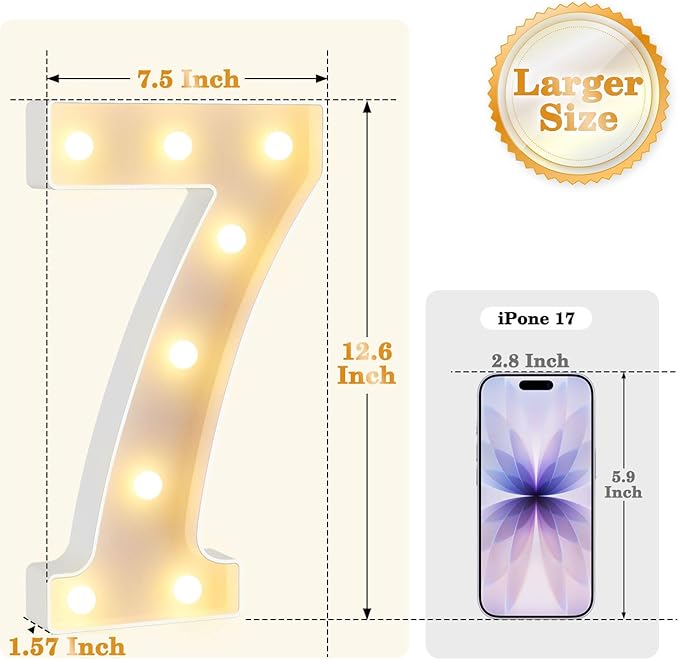 12.6 Inch LED Marquee Light Up Numbers, Birthday Number Lights as Gifts for Girls Women Men, Lighted Marquee Numbers for Anniversary Party Night Light Table Decorations, Number 7