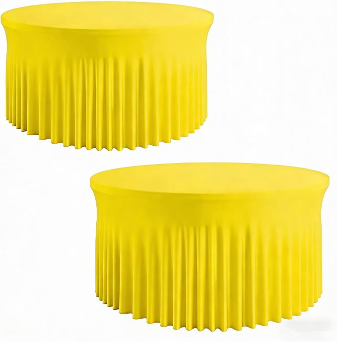 2 Pack Yellow 72 inch Round Spandex Tablecloth, Washable Stretchy Fitted 6FT Round Tables,Elastic Edge with Skirt, Wrinkle-Free Table Cloths for Wedding Banquet Party Birthday Buffet