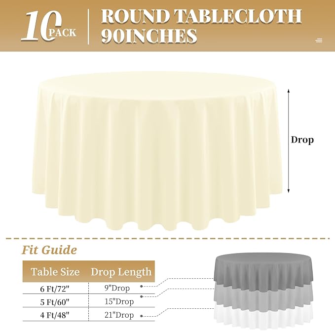 10 Pack Beige Tablecloth 90 Inch Round Tablecloth Cream Round Tablecloth Washable Polyester Fabric Bulk Linen Tablecloths Round Table Cover Table Cloths for Parties Wedding Banquet Buffet Dinning