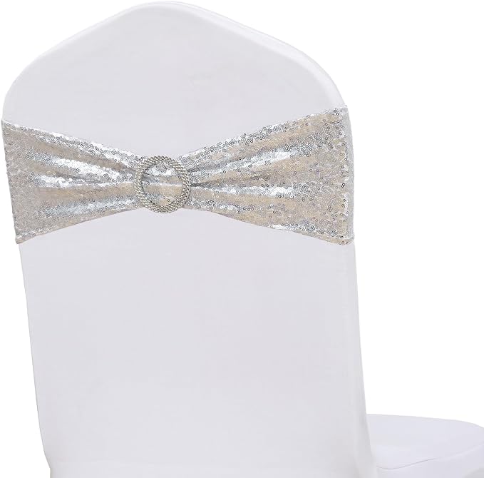 50 Pack Sequin Silver Chair Sashes for Wedding Decor, Glitter Chair Sash Bands with Buckles, Sequins Chairs Bows for Party Anniversary Engagement Ceremony Event Christmas Decorations