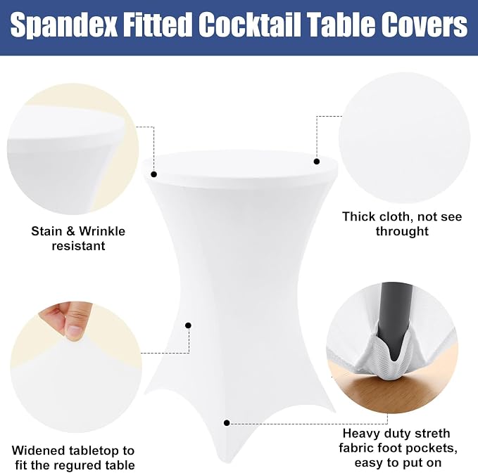 Moosfor Spandex Cocktail Table Covers 8 Pack, Elastic Fitted Stretch Table Cloth, Round High Top Tablecloths for Bar, Party, Pub, Wedding & Banquet (White, 32x43 Inch)