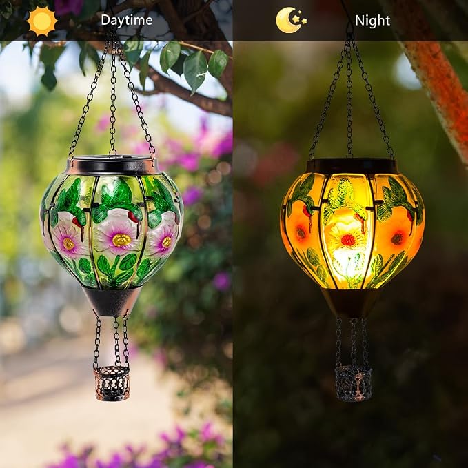 STARSOUL Hummingbird Solar Hot Air Balloon Lantern with Flickering Flame, Hanging Solar Lantern Outdoor Waterproof, Hot Air Balloon Solar Light Decorations for Garden Yard Lawn Porch Porch Backyard