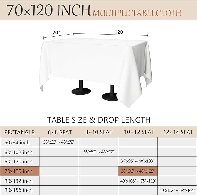 70x120 Table Cloth - 4 Pack Rectangular White Washable Stain and Wrinkle Resistant Polyester Table Cover for Dining Tables, Various Parties and Camping (White)