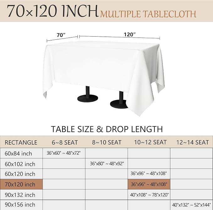 70x120 Table Cloth - 6 Pack Rectangular White Washable Stain and Wrinkle Resistant Polyester Table Cover for Dining Tables, Various Parties and Camping (White)