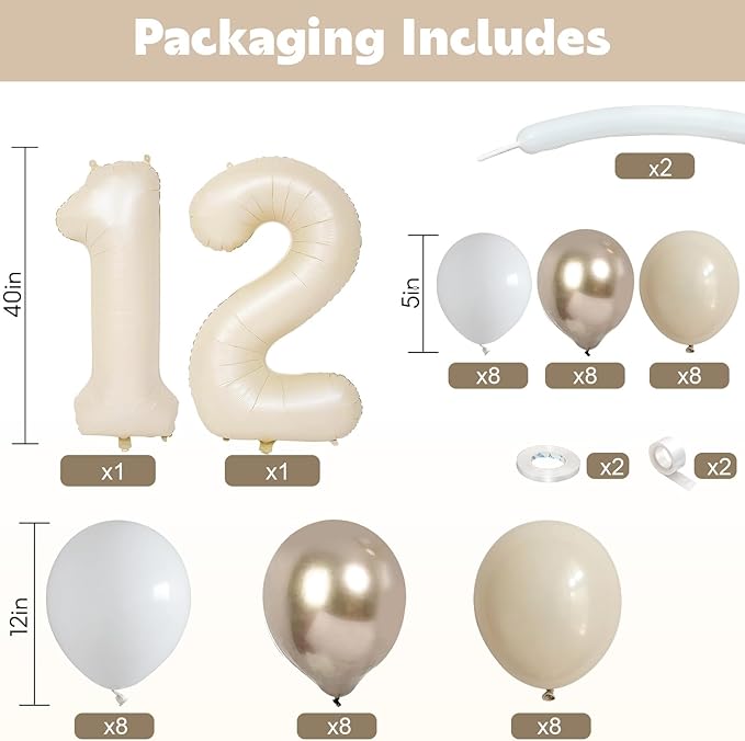 Beige Number 12 Balloons 40 Inch Cream 12th Birthday Party Decorations Neutral Nude White Sand Number 21 Foil Balloon Tower Giant Large Digit Helium Balloon for Girls Boys Women Men 21st Anniversary