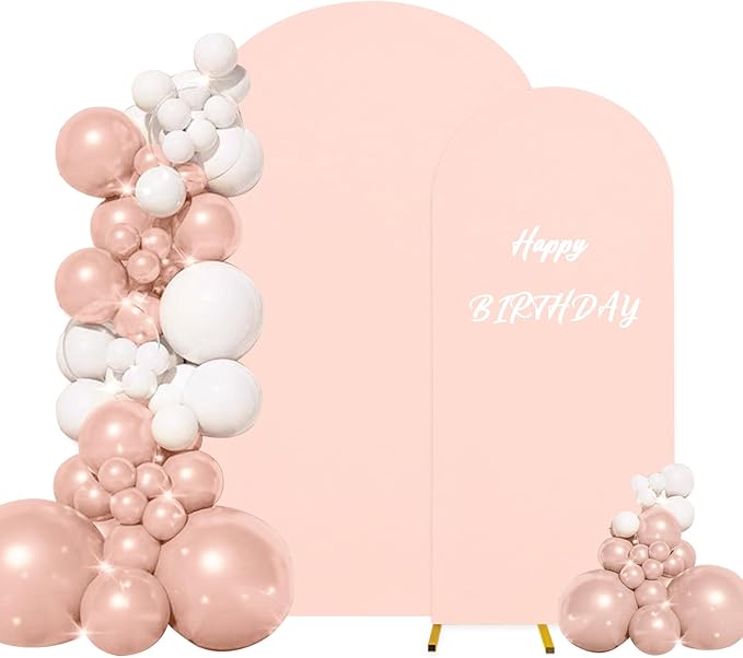 Set of 2 Wedding Arch Cover 2-Sided Round Top Spandex Fitted Arch Backdrop Cover for Birthday Party Baby Shower Wedding Arch Stand Decor（7.2FT, 6.6FT, Light Pink）