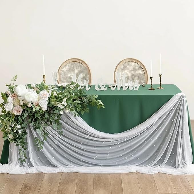 Table Runner 63" X 120" Wedding Arch Decorations Table Line Bridal Shower Decor Fabric Romantic Pearl Lace Tablecloth for Events Embroidered Sheer Wrinkle Free White Dessert Table Cloth Chiffon Tulle