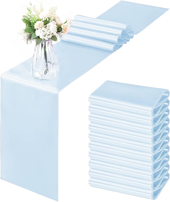 Horbaunal 12 Pack Light Blue Satin Table Runner 12 x 108 Inch, Smooth Table Runners for Wedding Banquets Birthday Party