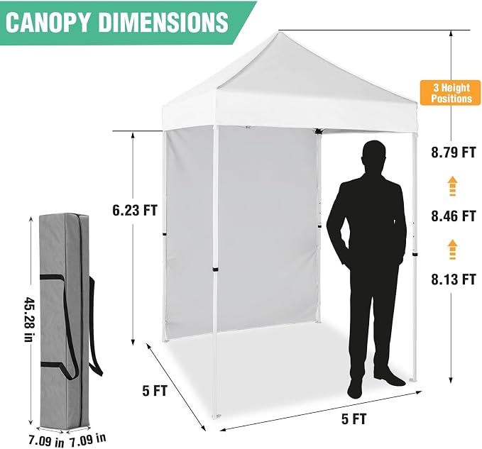 5x5 Pop Up Canopy Tent with One Sidewall, Instant Portable Beach Canopy, Outdoor Tent with Carry Bag for Camping, Sports, Tailgating, Events, White