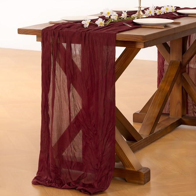 Socomi 2pcs Burgundy Red Summer Cheesecloth Table Runner Boho Rustic Gauze 120 inch 10FT Cheese Cloth Sheer Runner for Wedding Party Baby Shower Birthday Home Decor Holiday Decorations