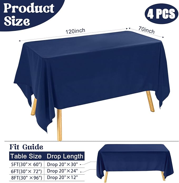 4 Pack Rectangle Tablecloth for 6 Foot Tables Washable Polyester Table Cover for Wedding Dining Table Parties Banquet（70x120 Navy Blue）