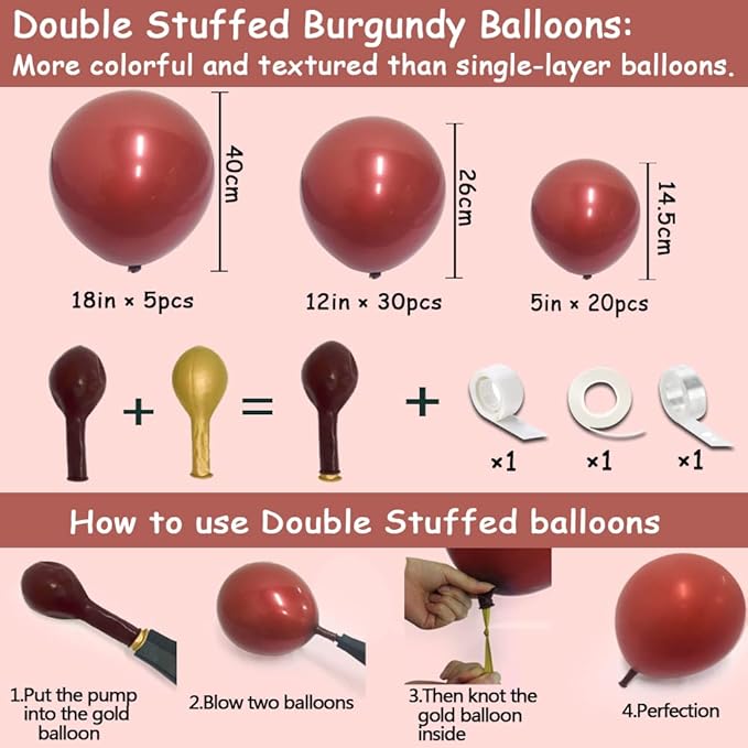 Burgundy Balloons Double Stuffed Wine Red Rose Red Balloon Arch Kit Maroon Garland Different Size For Wedding Birthday Baby Shower Anniversary Wine Party Decorations