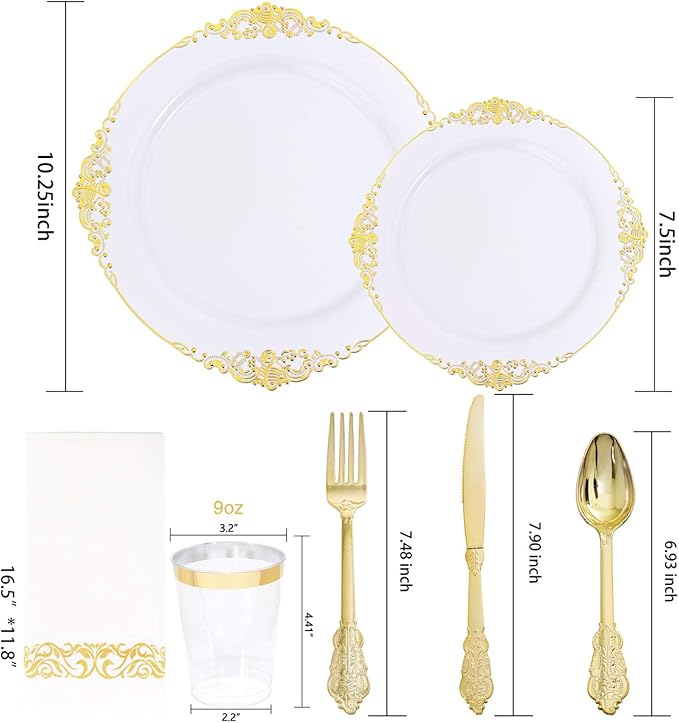 Nervure 175PCS White and Gold Plastic Plates - Disposable Dinnerware Set Include 50 Gold Plates for Dinner and Dessert, 75 Cutlery, 25Cups 25Napkins for Wedding & Party & Mothers Day