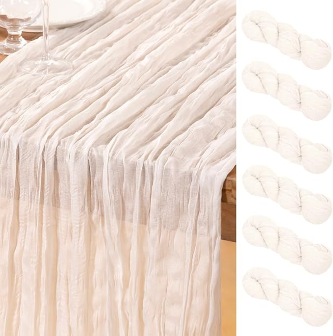 DeZerlor Ivory White Cheesecloth Table Runner 6 Pack Spring Easter Table Runners Boho Gauze 120 Inches White Cheese Cloth Table Decor for Wedding Bridal Baby Shower Parties