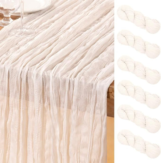 DeZerlor Ivory White Cheesecloth Table Runner 6 Pack Spring Easter Table Runners Boho Gauze 120 Inches White Cheese Cloth Table Decor for Wedding Bridal Baby Shower Parties