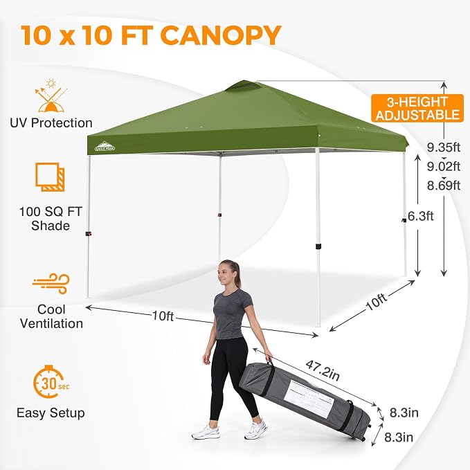 EAGLE PEAK Pop Up Canopy Tent with Wheeled Carry Bag, 8 Stakes, 4 Ropes, 4 Weight Bags, Easy Set Up Tent Canopy, 10x10 ft, 100sqft of Shade, Grass Green