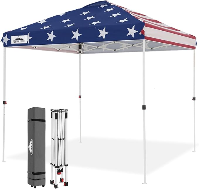 EAGLE PEAK Pop Up Canopy Tent with Wheeled Carry Bag, 8 Stakes, 4 Ropes, Easy Set Up Tent Canopy, 8x8 ft, American Flag