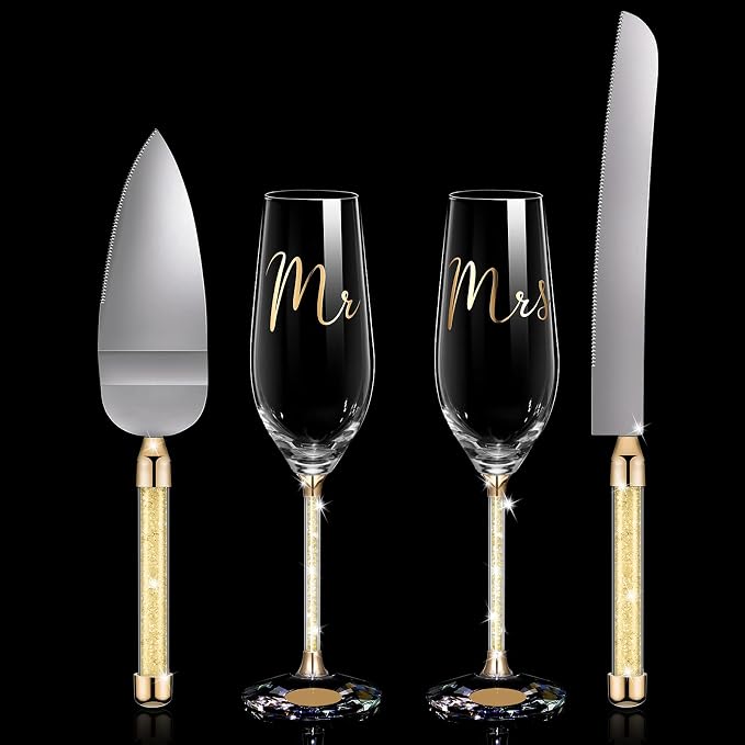 Boao 4 Piece Wedding Cake Knife and Champagne Flutes Server Set Mr and Mrs Toasting Flutes Crystal Rhinestone Cake Cutting Set for Bride and Groom Wedding Engagement Bridal Shower Gifts(Gold)