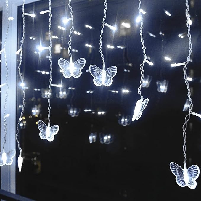 Butterfly Curtain Fairy Lights USB Plug in,120 LED 8 Modes 20FT Firefly Twinkle Icicle String Lights with Remote Timer Waterproof Copper Wire for Bedroom Patio Christmas Wedding Party Dorm(Cool White)