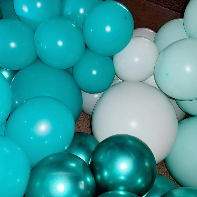 Teal Balloon Arch, Double Stuffed Chrome Teal Macaron Blue Green Balloon Garland, Pearl White Sand Metallic Turquoise Mint Green Balloons for Birthday Under The Sea Ocean Shark Beach Theme Party Decor