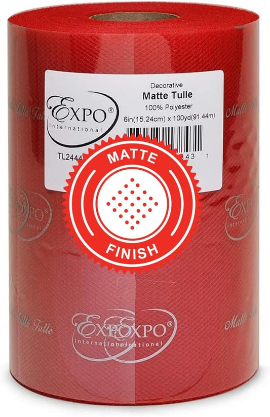 Expo International Decorative Matte Tulle, Roll/Spool of 6” X 100 Yards, Lightweight Polyester Tulle Fabric for Tutus, Costumes, and Party Decorations, Washable, Easy-to-Use, Red
