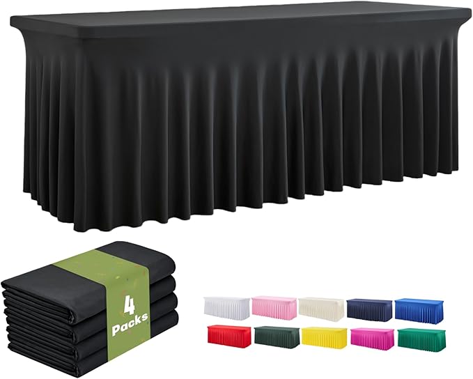 leegleri 4 Pack Black Spandex Tablecloths for 8 Foot Rectangle Tables, Wrinkle Free Fitted Table Cloths 8ft Stretchy Table Cloth Cover with Skirt for Parties Weddings Birthday Banquet Baby Shower