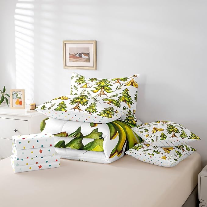jejeloiu Happy Camping Comforter Set with Sheets King Size 7 Pieces Kids Tree Branches Woodland Bedding Set for Boys Girls Summer Leaves Pattern Nature Theme Bed in a Bag Room Decor