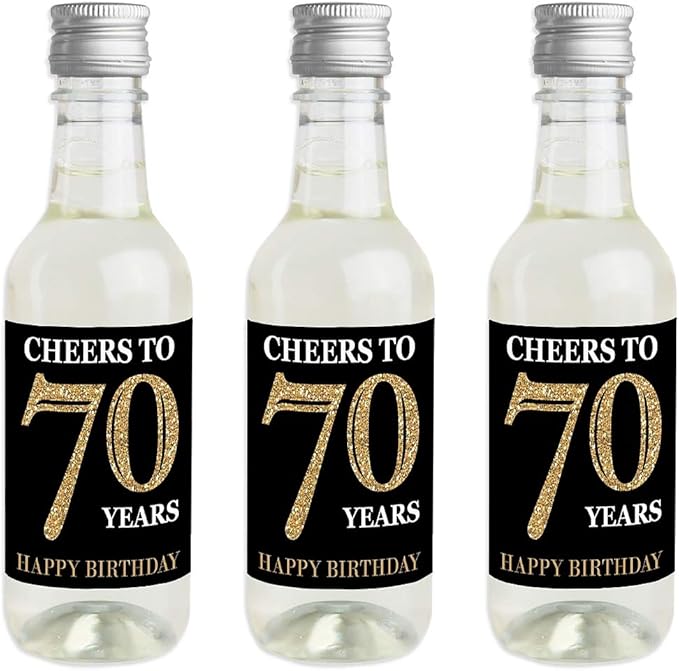 Big Dot of Happiness Adult 70th Birthday - Gold - Mini Wine and Champagne Bottle Label Stickers - Birthday Party Favor Gift for Women and Men - Set of 16