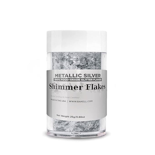 Bakell Shimmer Flakes - Metallic Silver (25g 1x Jar) | Edible Glitter Flakes for Cakes, Cupcakes, Decoration